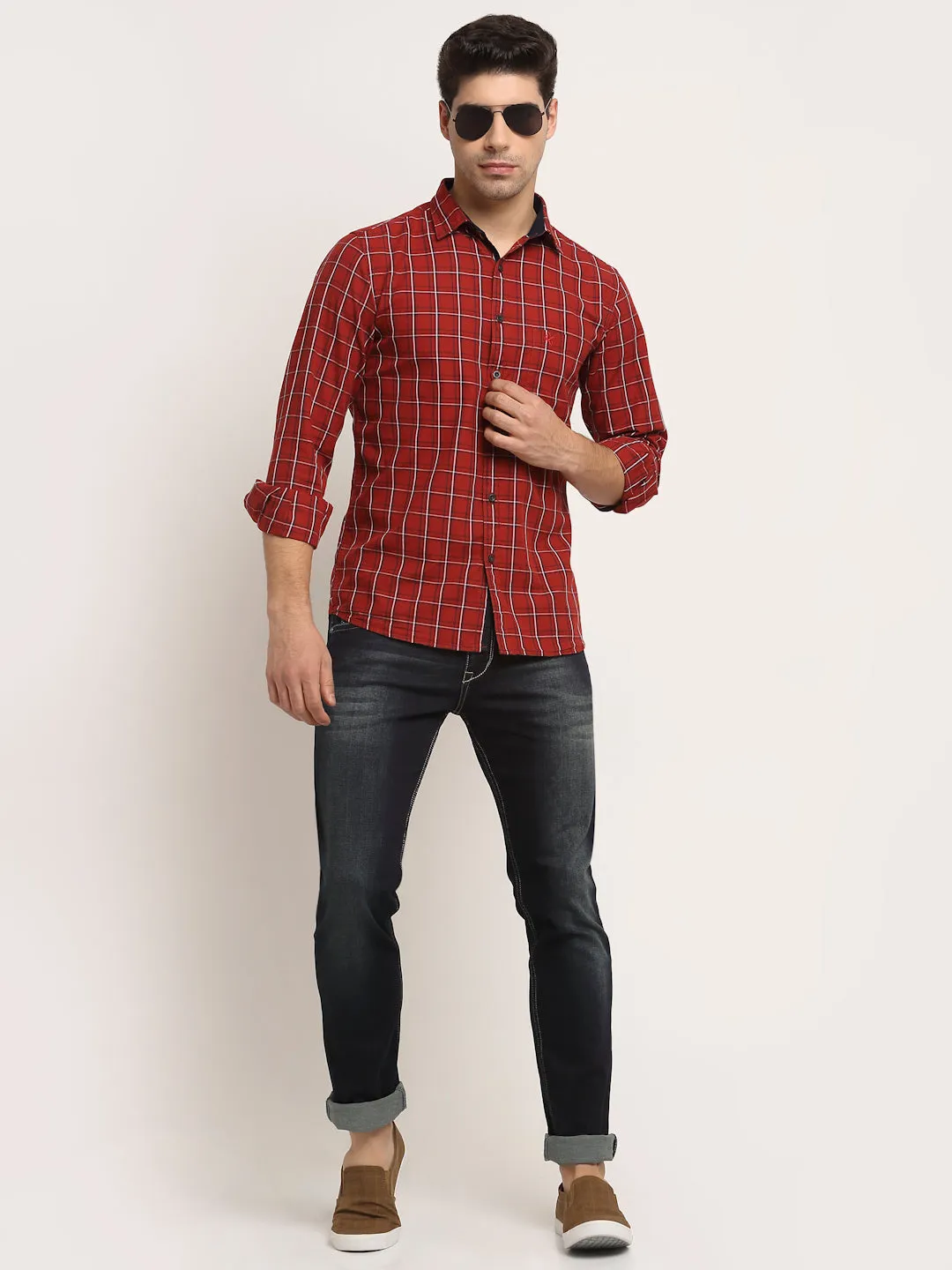 Men Cotton Checkered Maroon Full Sleeve Casual Shirt for Men with Pocket