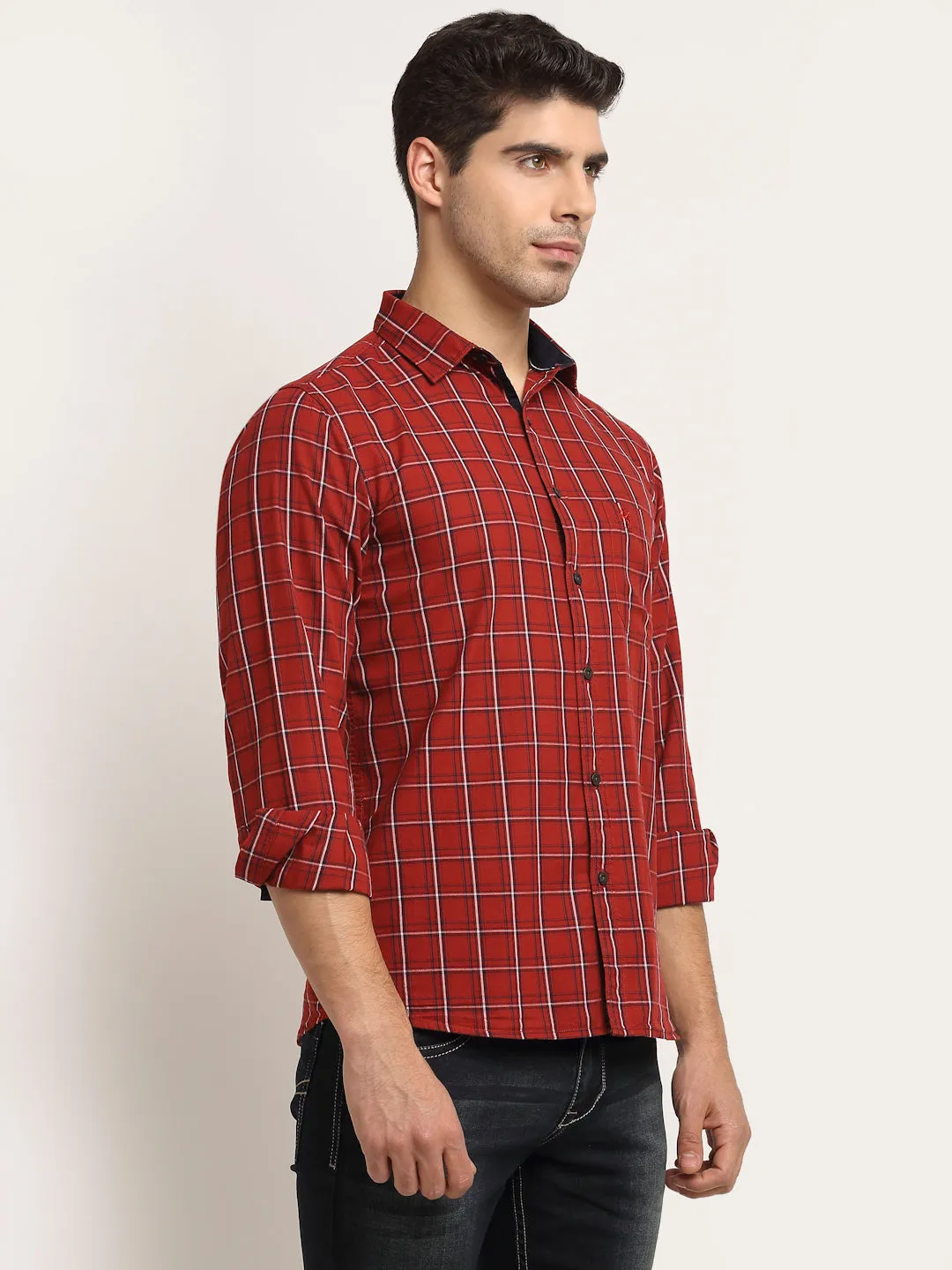 Men Cotton Checkered Maroon Full Sleeve Casual Shirt for Men with Pocket