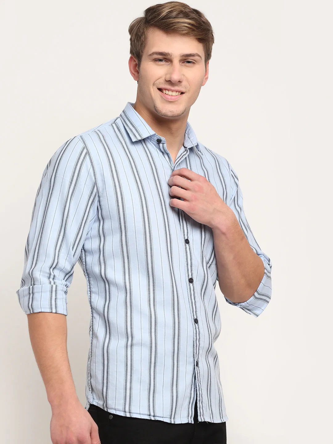 Men Cotton Striped Sky Blue Full Sleeve Casual Shirt for Men with Pocket