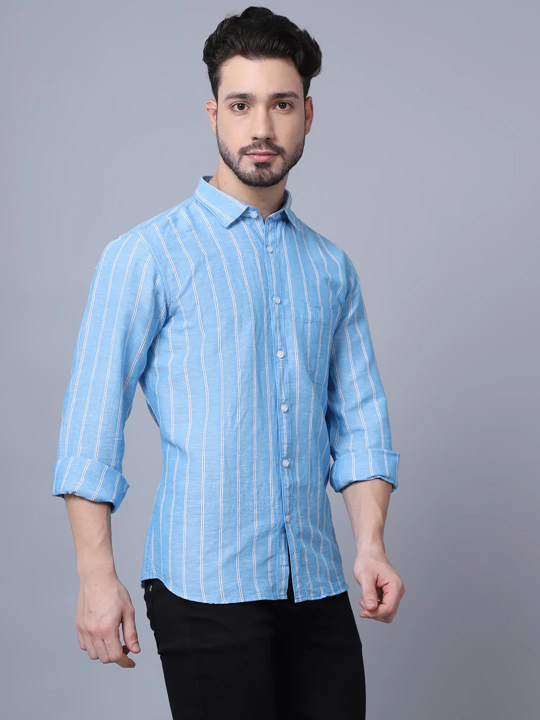 Men's Blue Casual Broad Stripe Full Sleeve Shirt