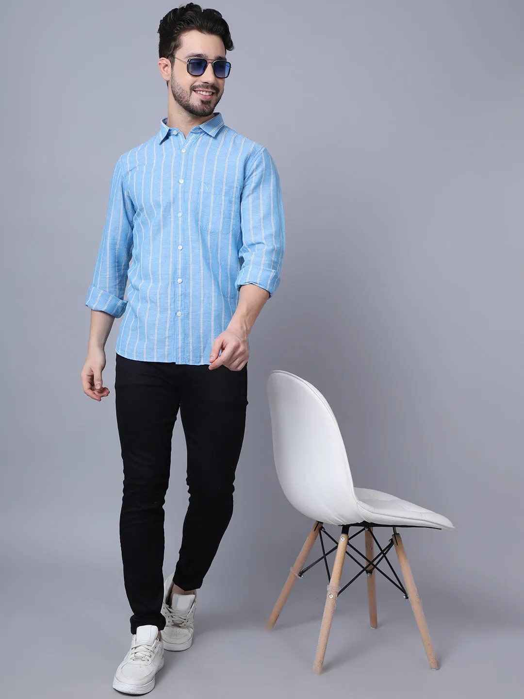 Men's Blue Casual Broad Stripe Full Sleeve Shirt