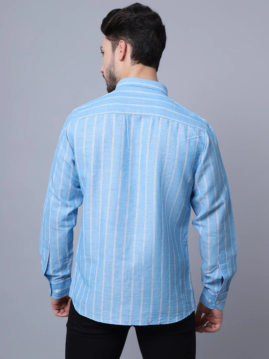 Men's Blue Casual Broad Stripe Full Sleeve Shirt