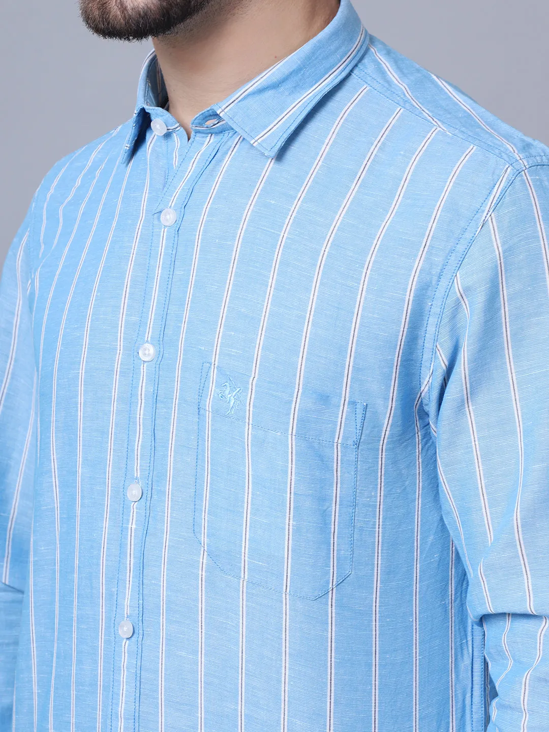 Men's Blue Casual Broad Stripe Full Sleeve Shirt