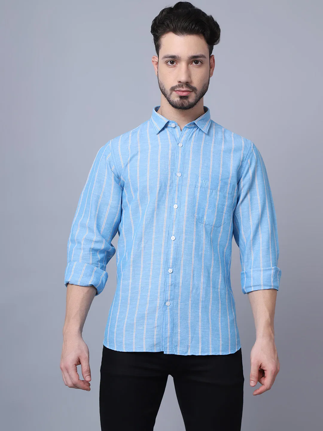 Men's Blue Casual Broad Stripe Full Sleeve Shirt