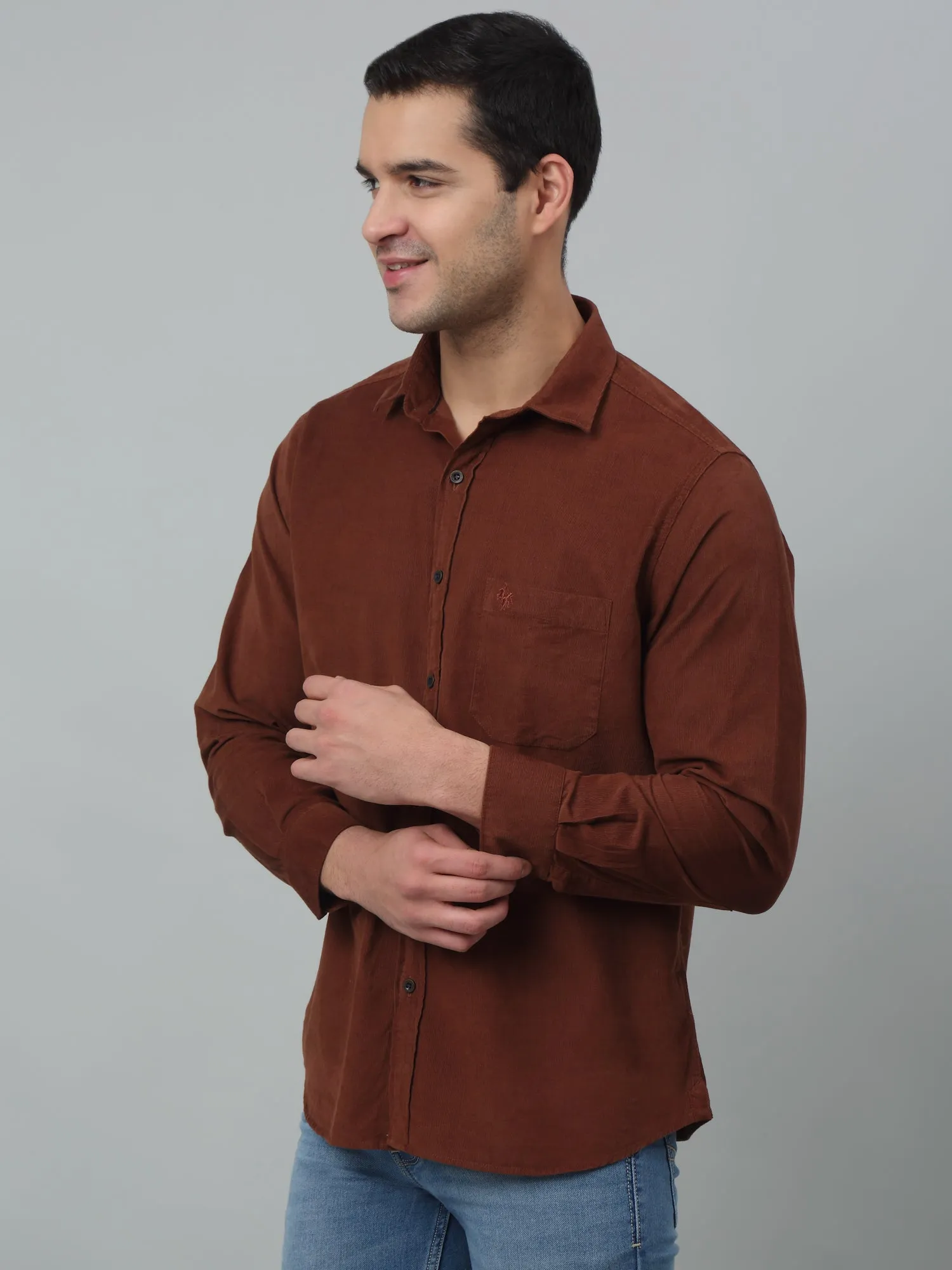 Men's Brown Casual Plain Corduroy Full Sleeve Shirt