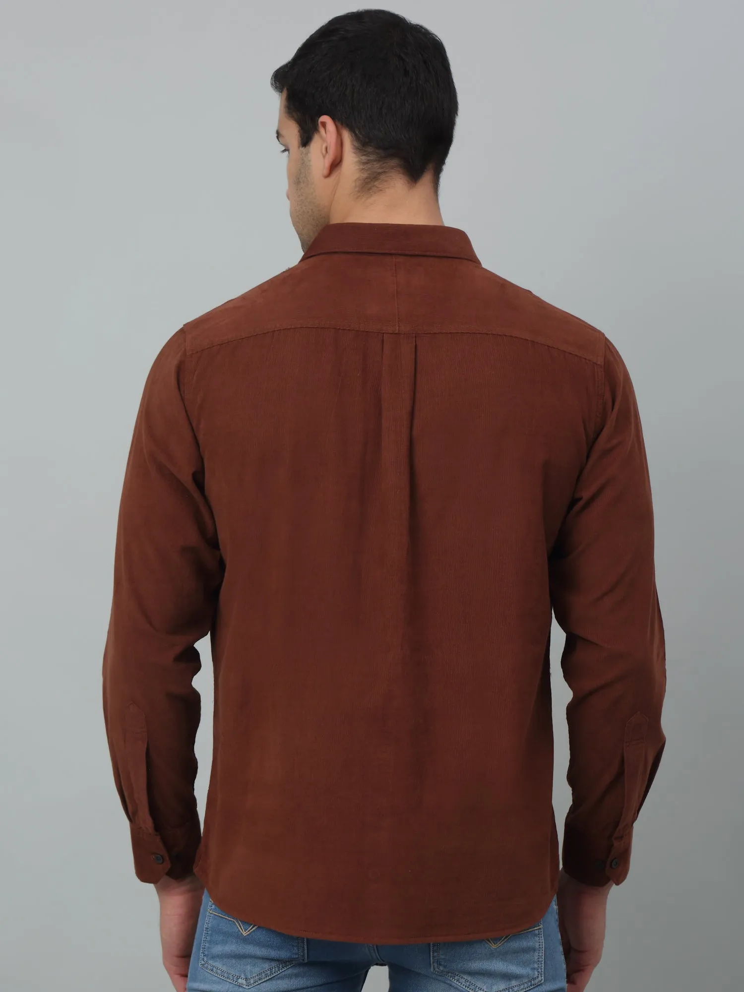 Men's Brown Casual Plain Corduroy Full Sleeve Shirt