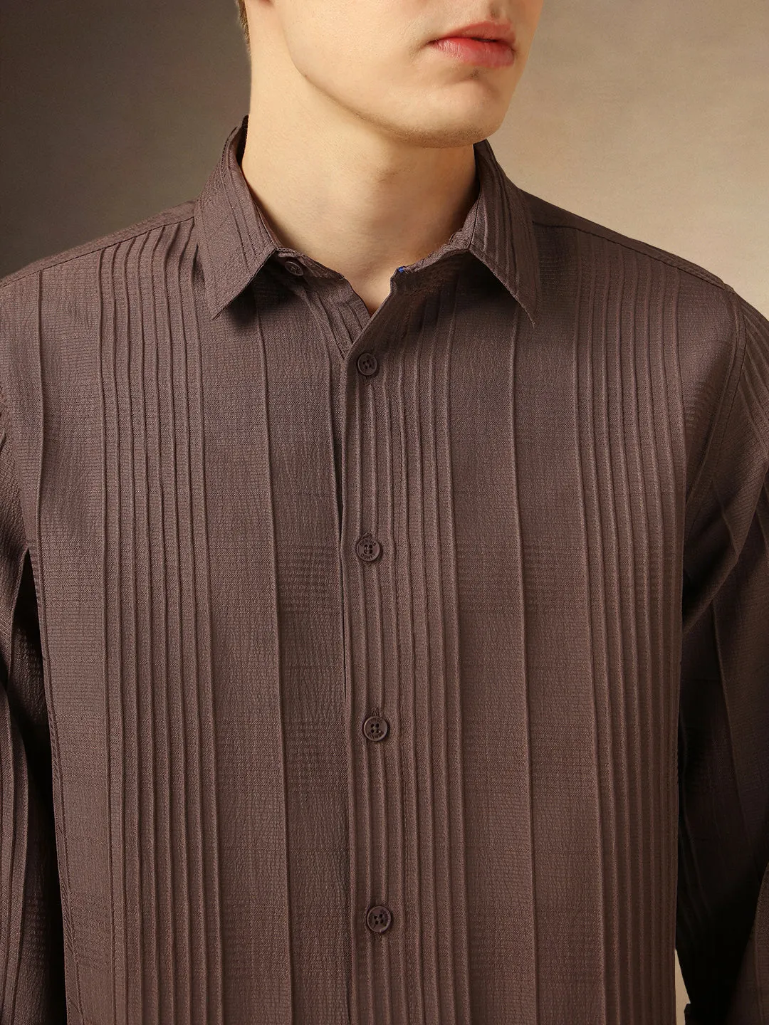 Men's Brown Textured Spread Collar Full Sleeves Shirt