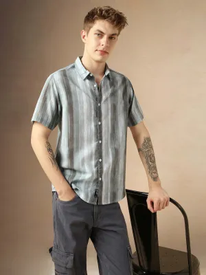 Men's Grey Cotton Spread Collar Half Sleeves Printed Shirt