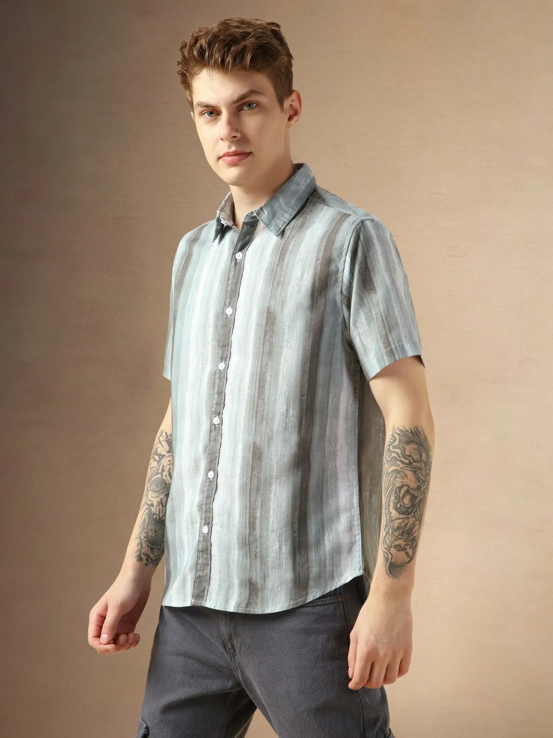 Men's Grey Cotton Spread Collar Half Sleeves Printed Shirt