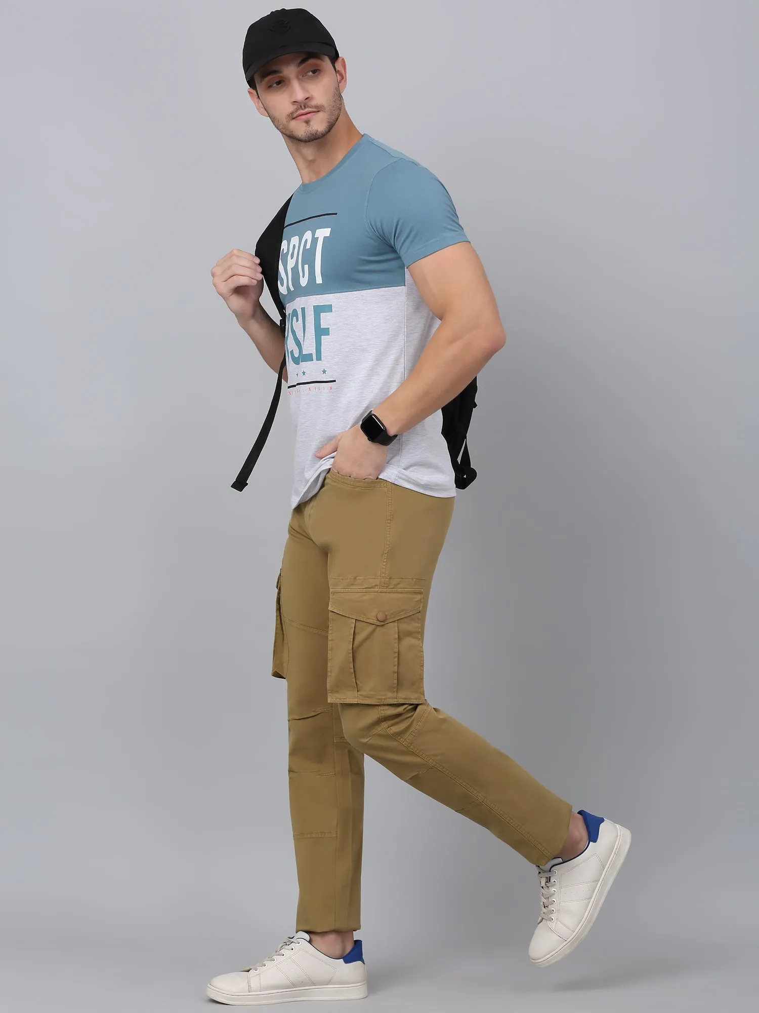 Men's Khaki Solid Full Length Stretchable Cargo