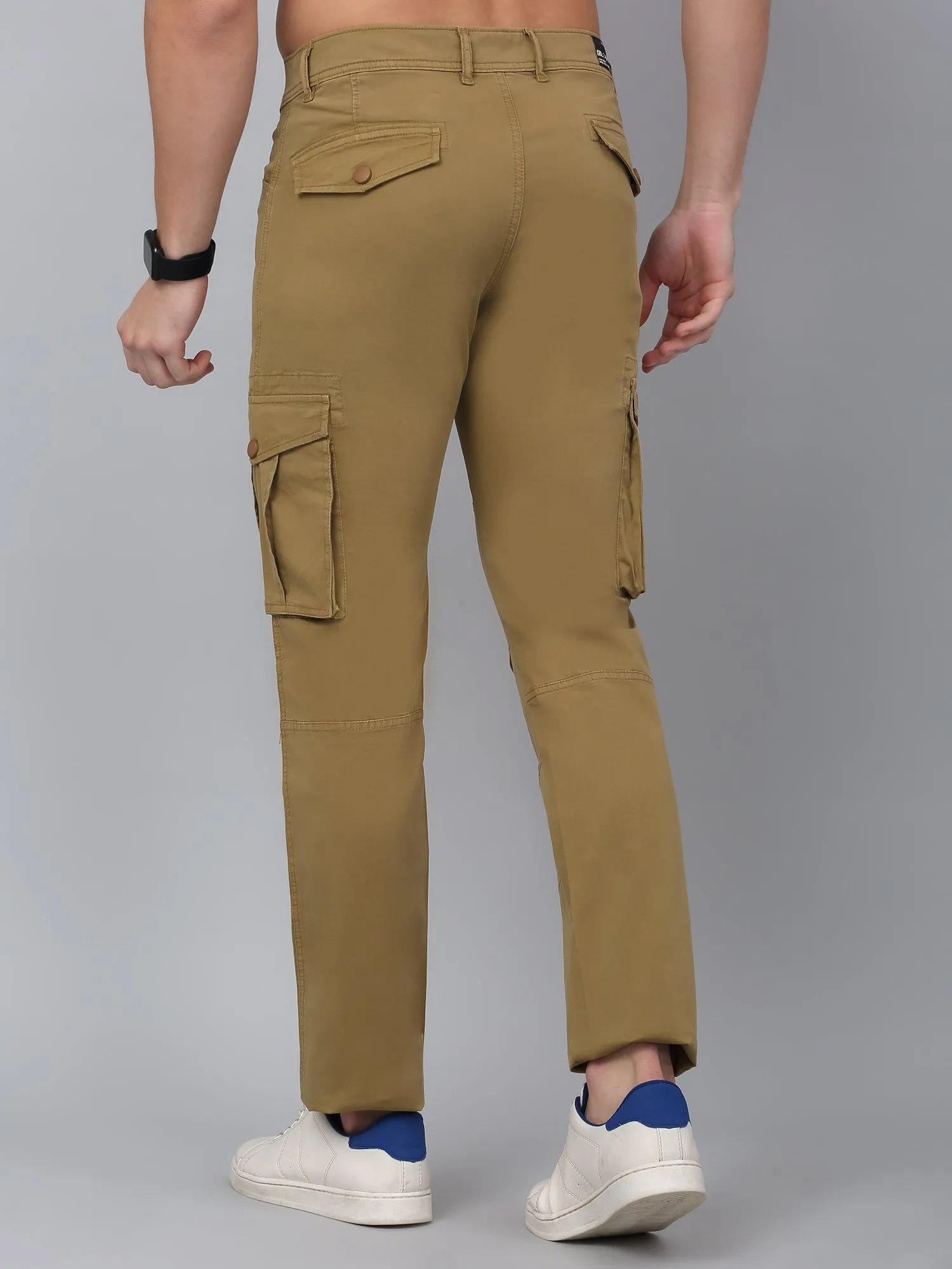 Men's Khaki Solid Full Length Stretchable Cargo