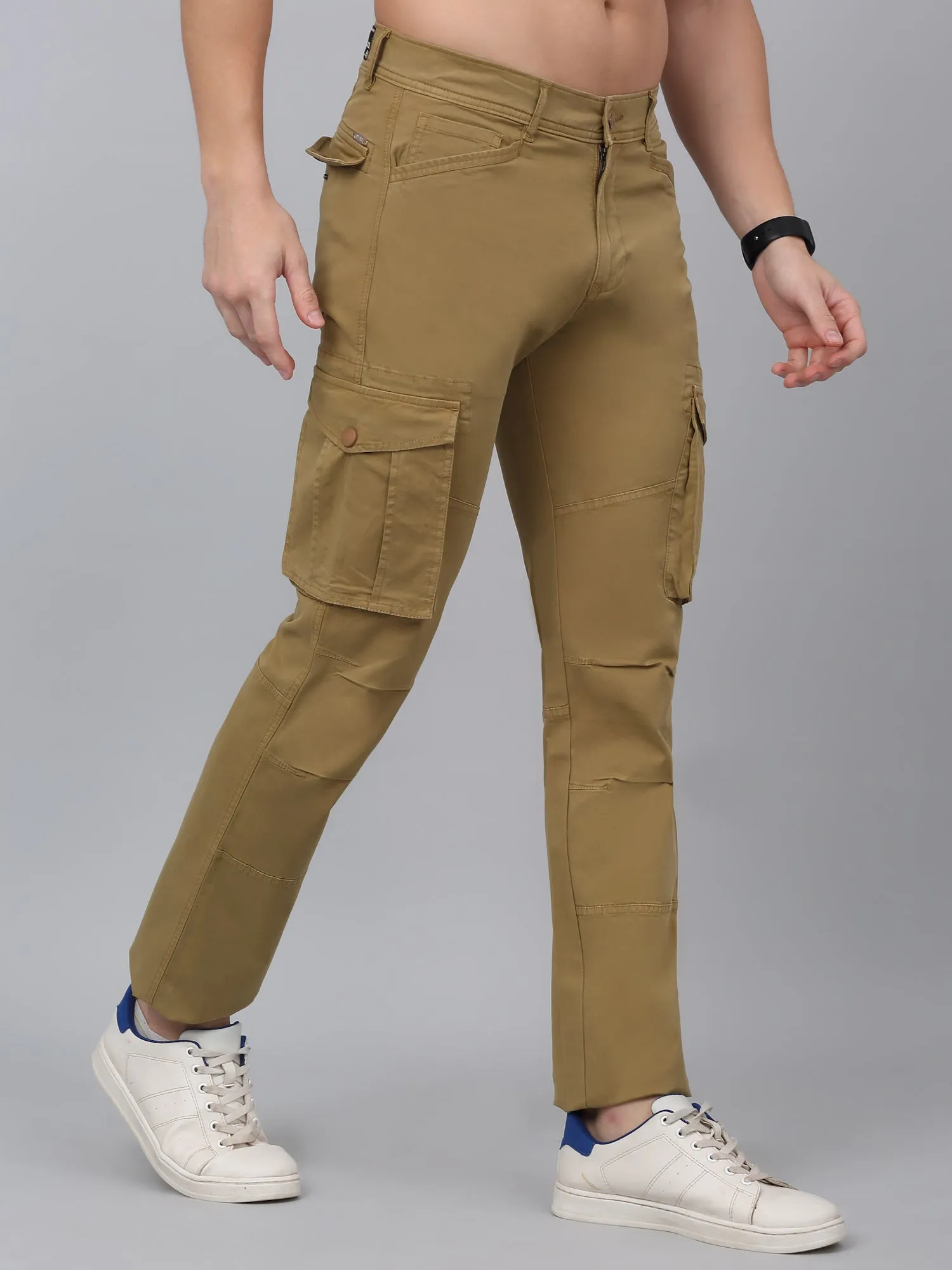 Men's Khaki Solid Full Length Stretchable Cargo