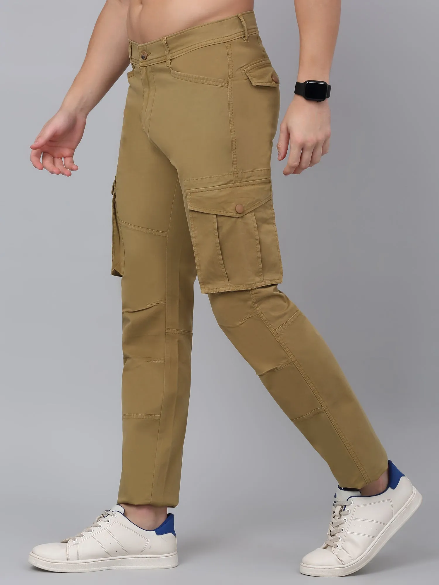 Men's Khaki Solid Full Length Stretchable Cargo