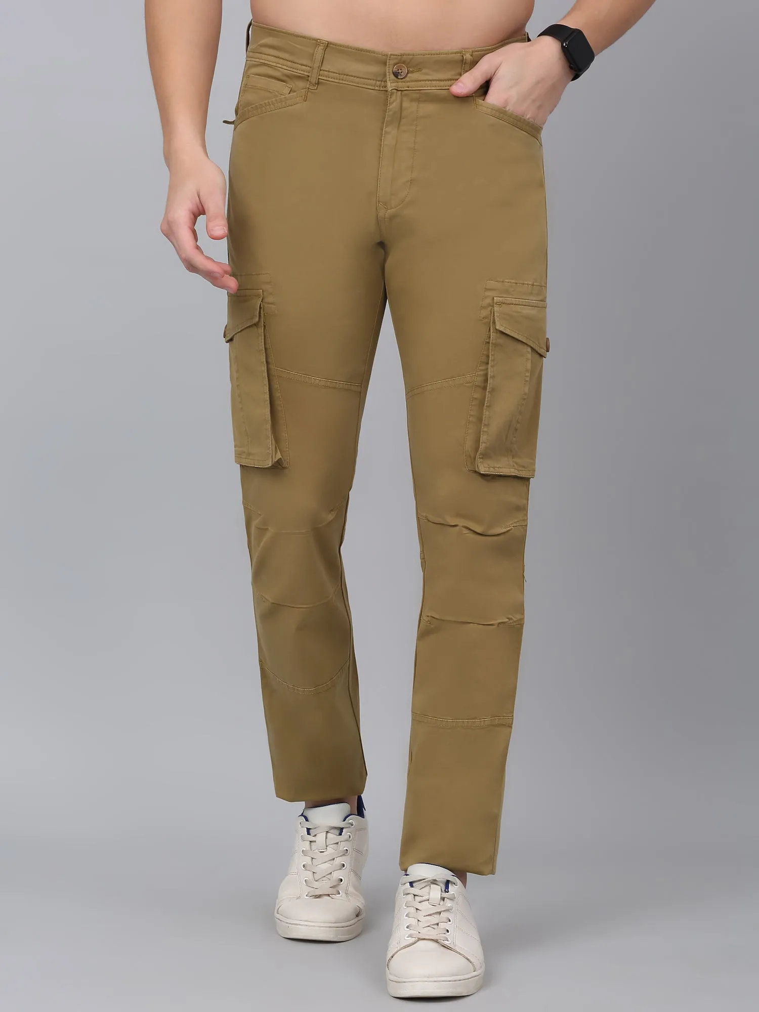 Men's Khaki Solid Full Length Stretchable Cargo