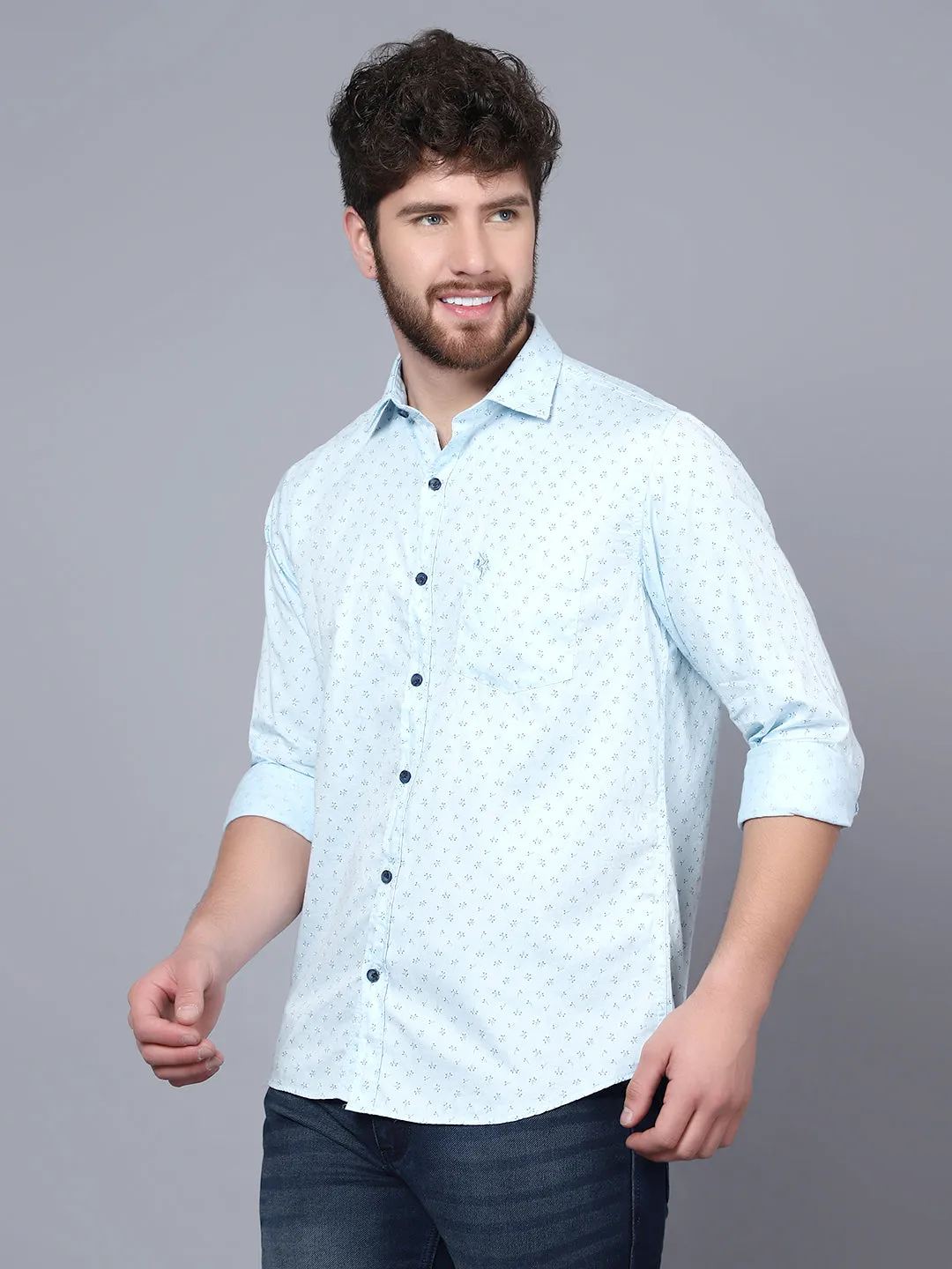 Men's Light Blue Casual Floral Print Full Sleeve Shirt