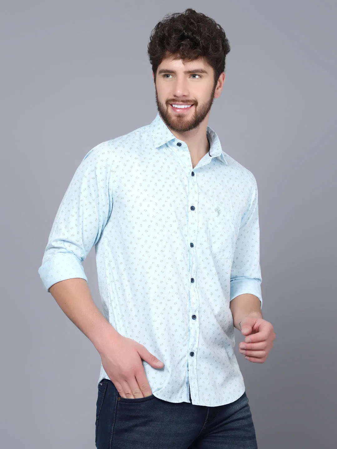 Men's Light Blue Casual Floral Print Full Sleeve Shirt