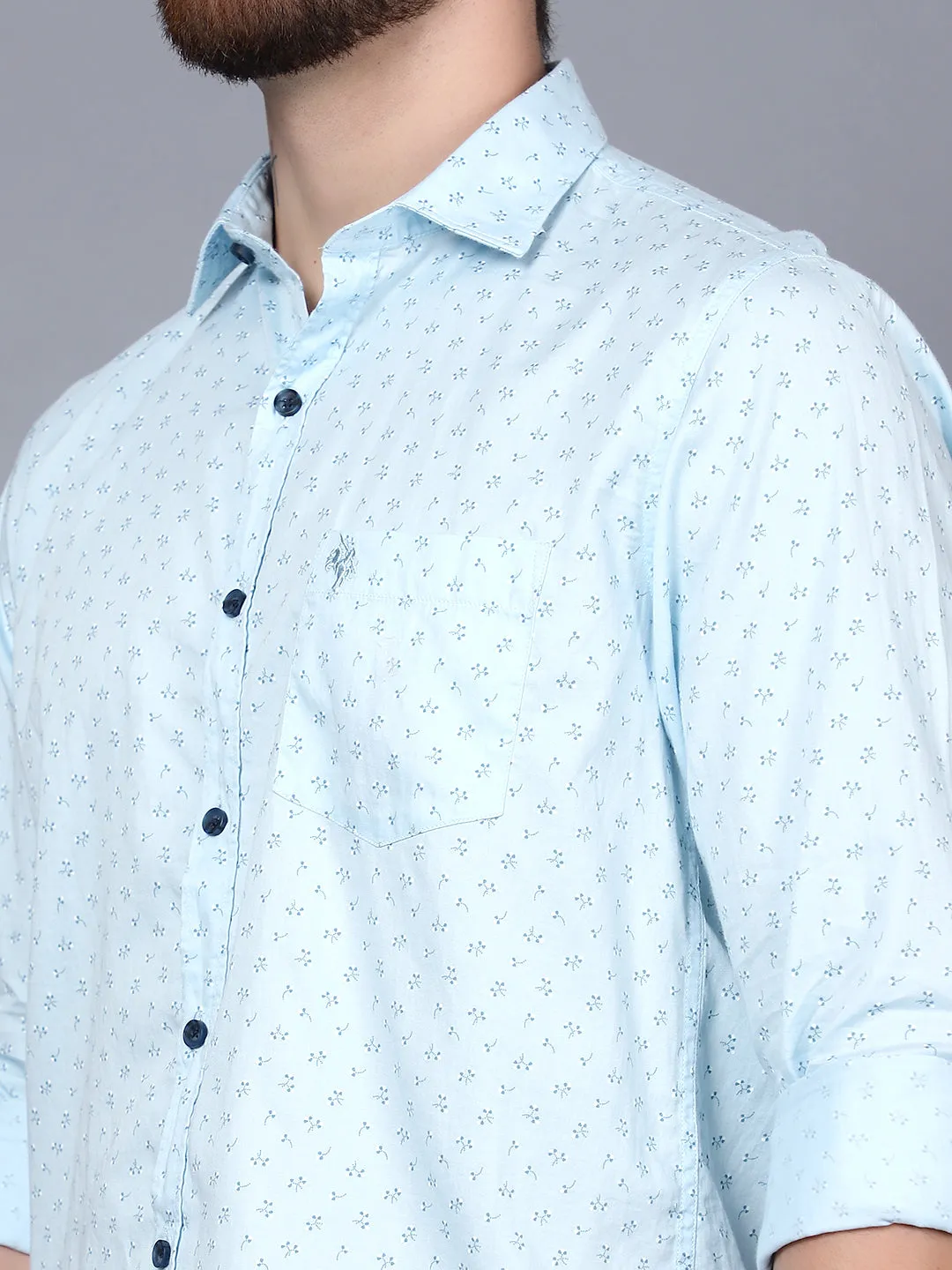 Men's Light Blue Casual Floral Print Full Sleeve Shirt