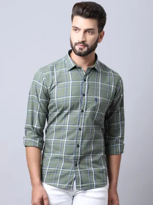 Men's Light Olive Green Casual Medium Checks Full Sleeve Shirt