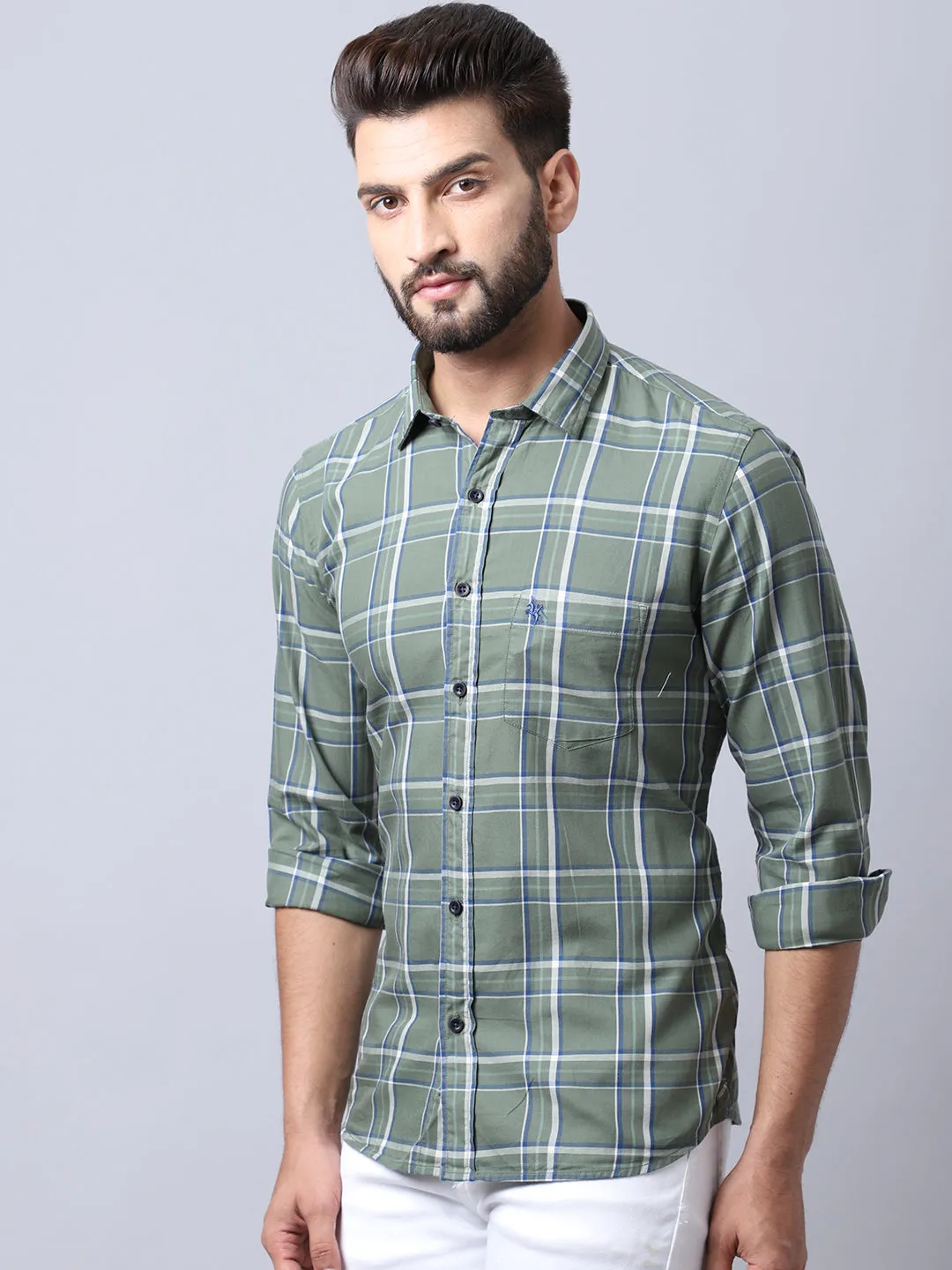 Men's Light Olive Green Casual Medium Checks Full Sleeve Shirt