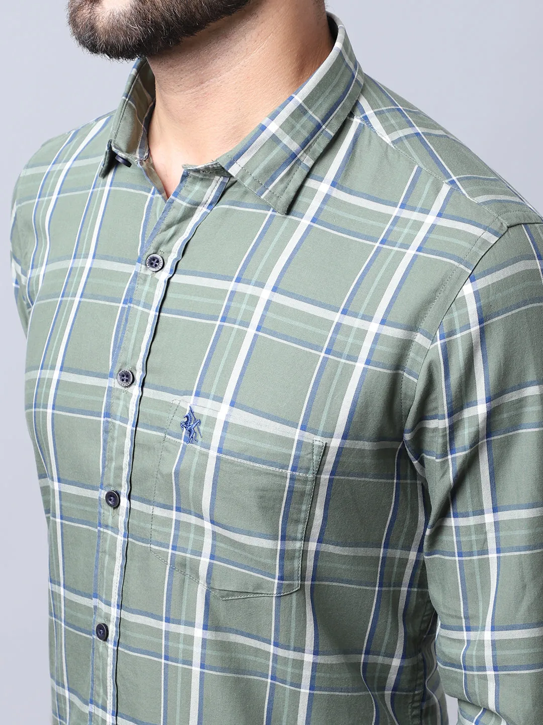 Men's Light Olive Green Casual Medium Checks Full Sleeve Shirt