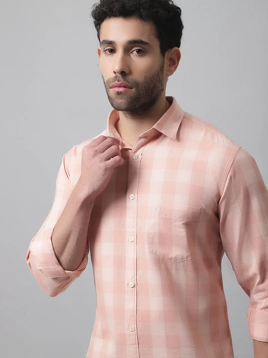 Men's Light Peach Casual Medium Checks Full Sleeve Shirt