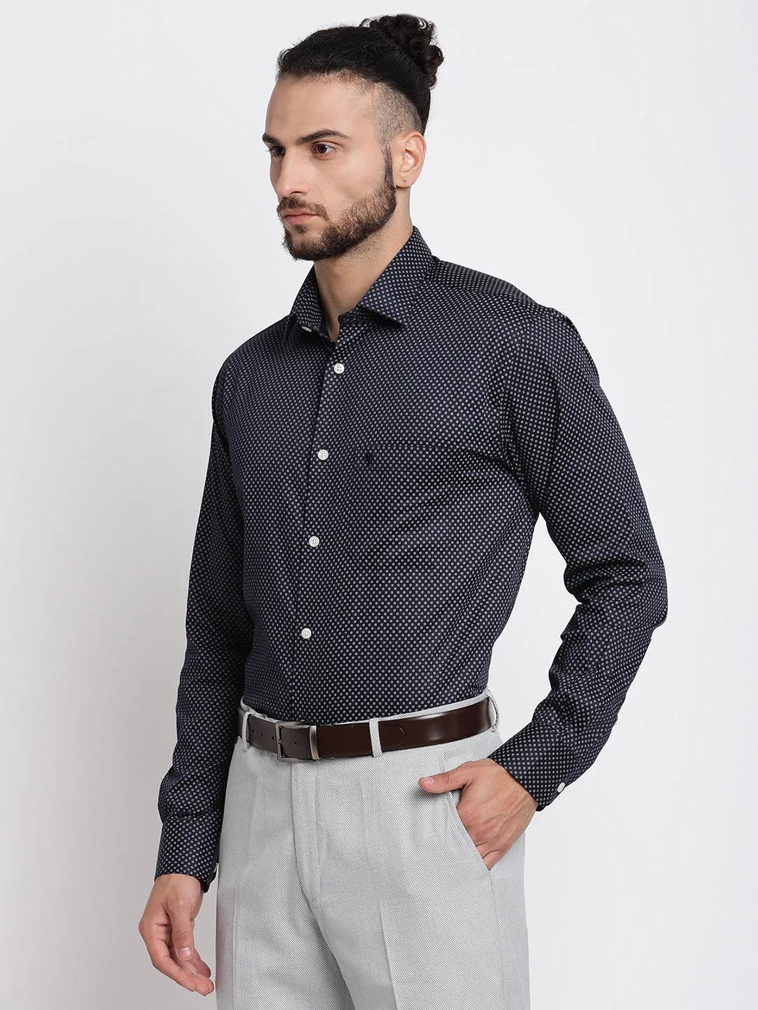 Men's Navy Blue Casual Dot Print Full Sleeve Shirt