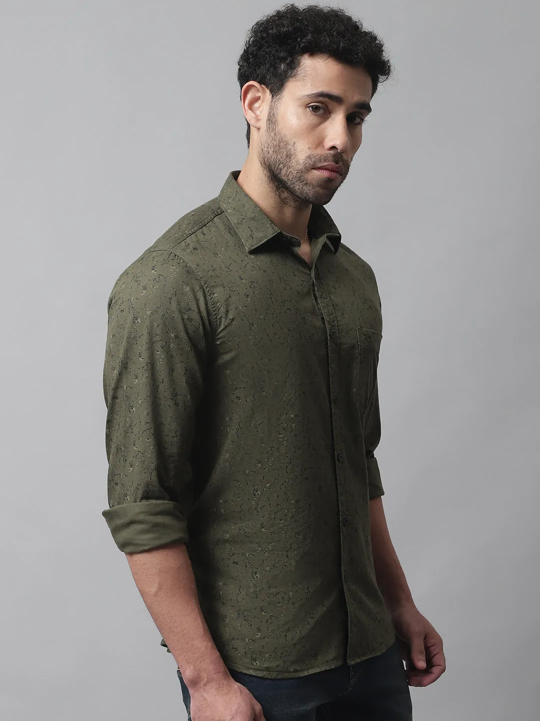 Men's Olive Green Casual Floral Print Full Sleeve Shirt