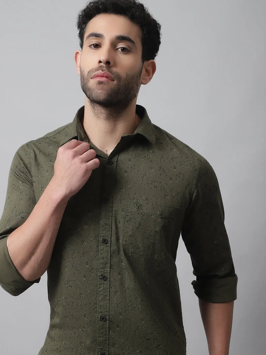 Men's Olive Green Casual Floral Print Full Sleeve Shirt