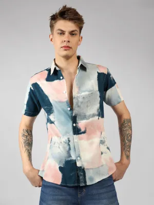 Men's Pink Half Sleeves Abstract Print Casual Shirt