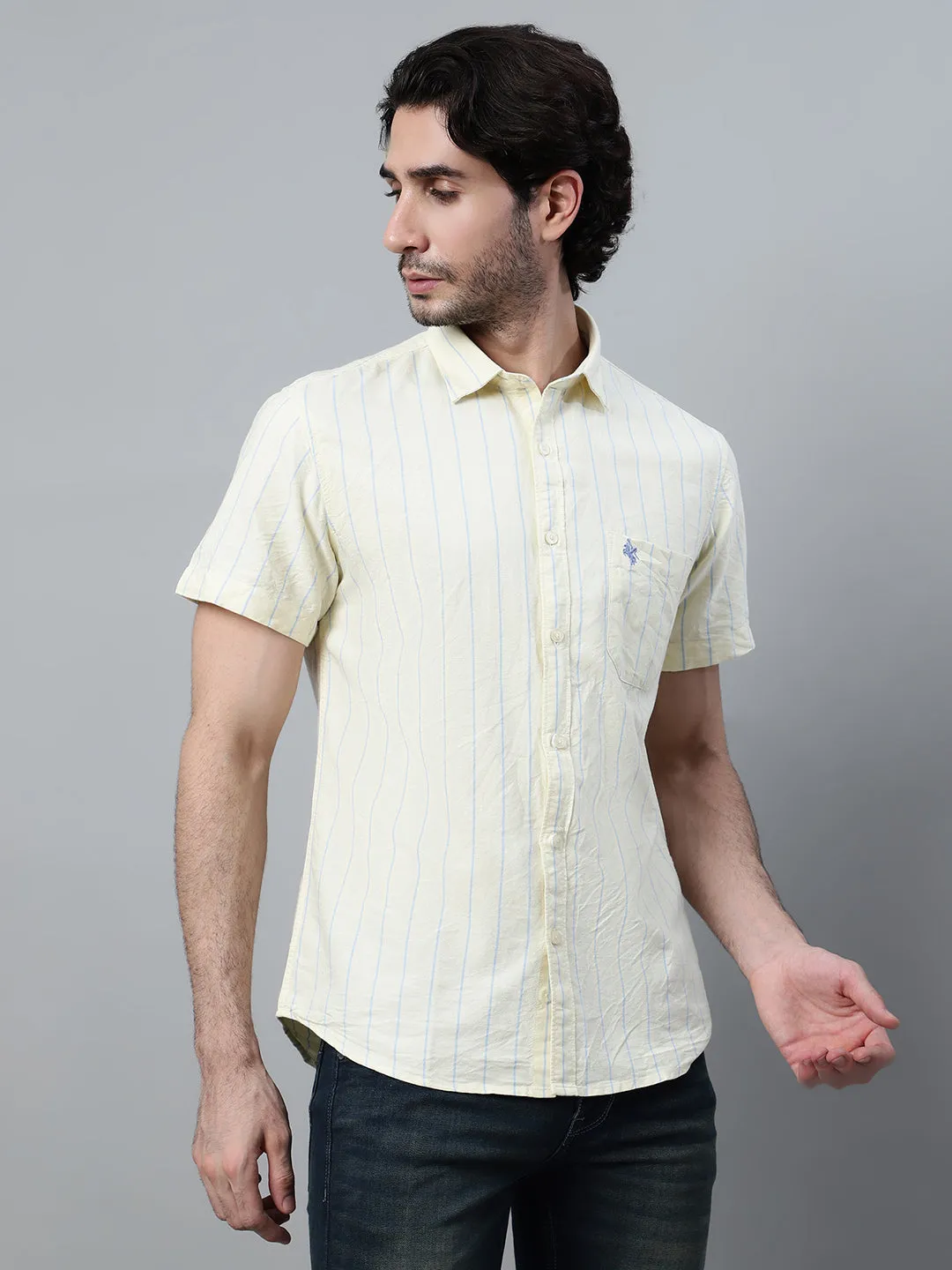 Men's Yellow Striped Half Sleeve Casual Shirt