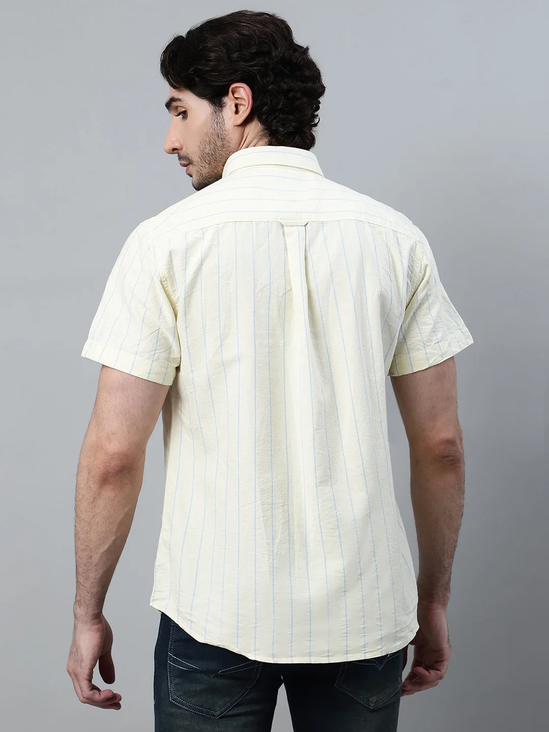 Men's Yellow Striped Half Sleeve Casual Shirt