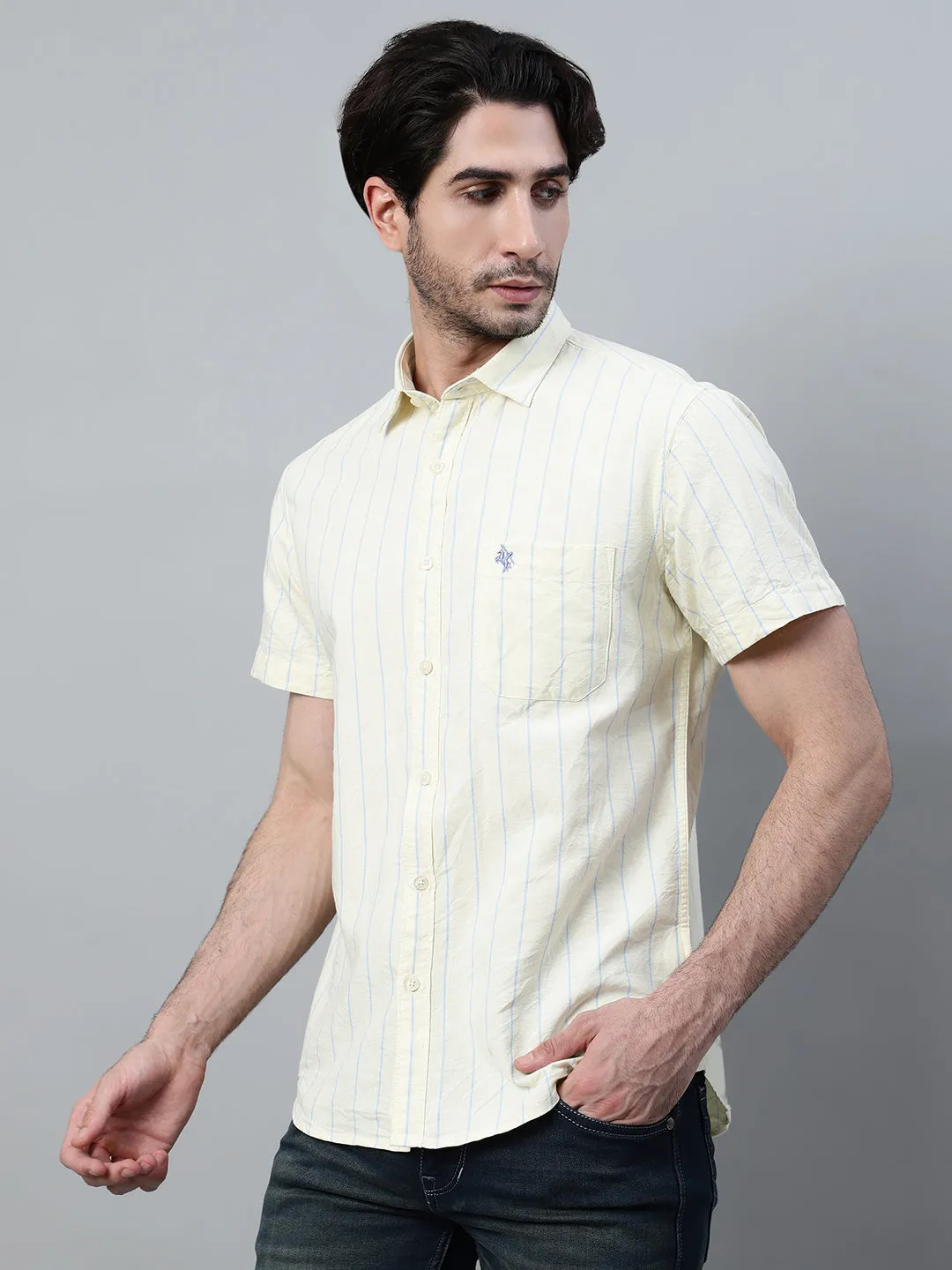 Men's Yellow Striped Half Sleeve Casual Shirt