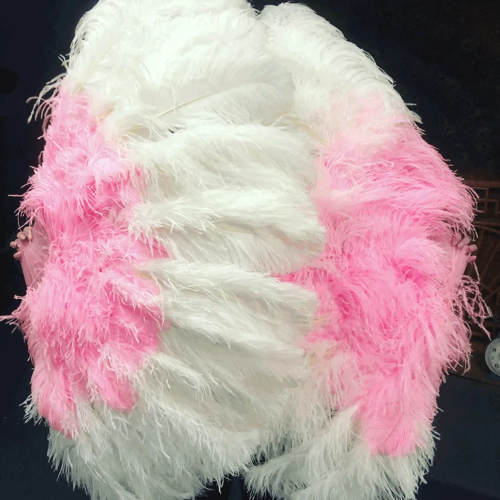 Mix white & pink XL 2 Layer Ostrich Feather Fan 34''x 60'' with Travel leather Bag