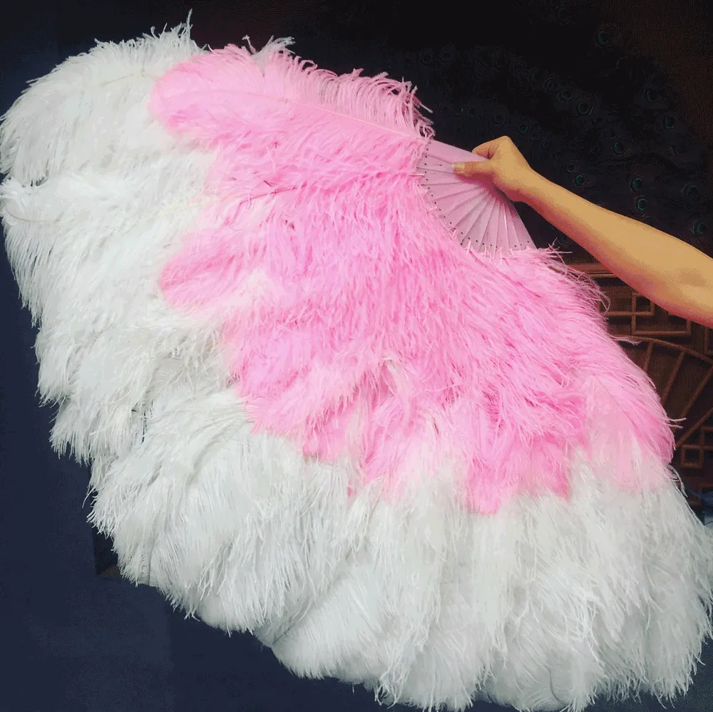 Mix white & pink XL 2 Layer Ostrich Feather Fan 34''x 60'' with Travel leather Bag