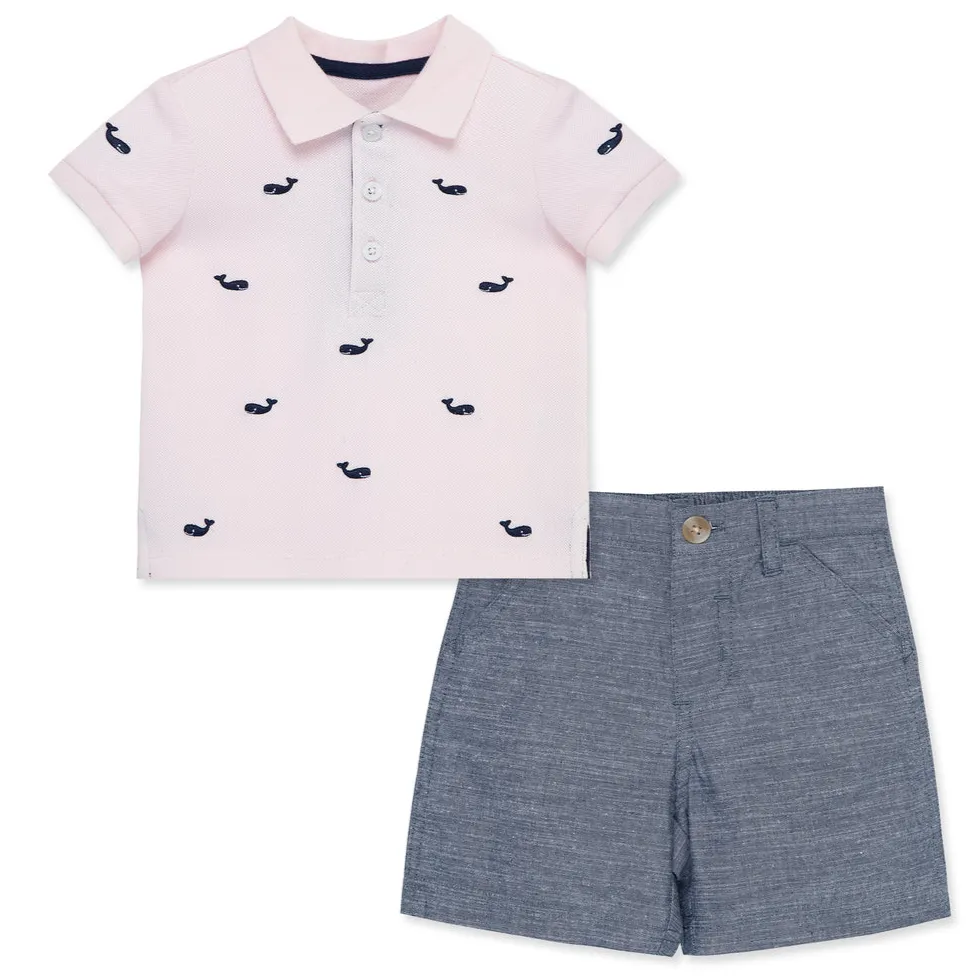 Pink Whale Polo with Chambray Shorts