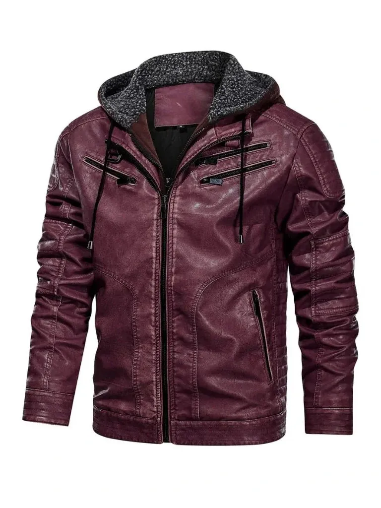 Red Bomber Hooded Leather Jacket