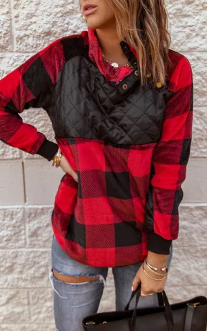 Red Long Sleeve Plaid Paneled Sweatshirt