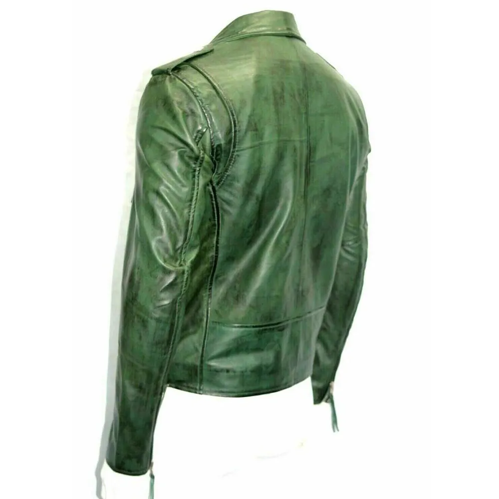 Spread Collar Green Leather Jacket