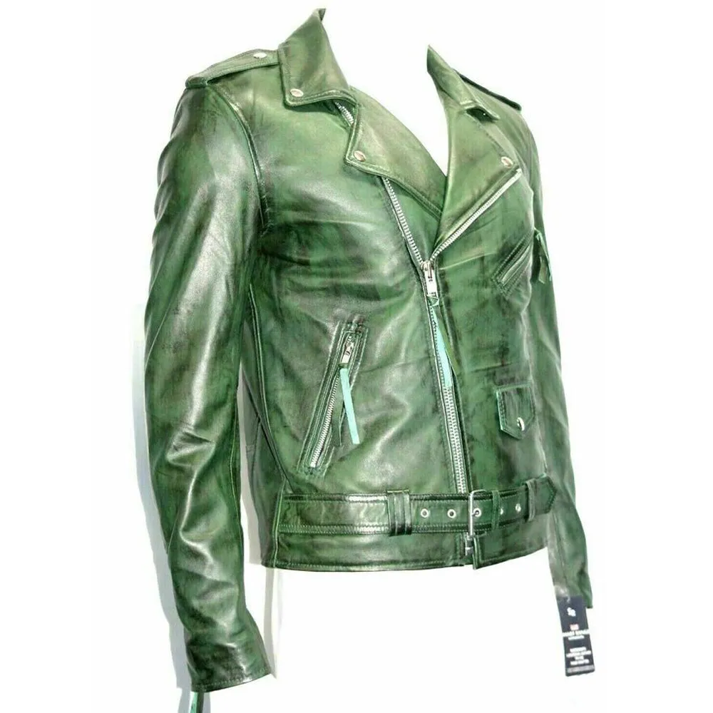 Spread Collar Green Leather Jacket