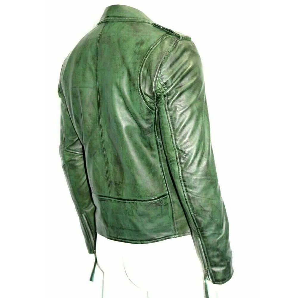 Spread Collar Green Leather Jacket