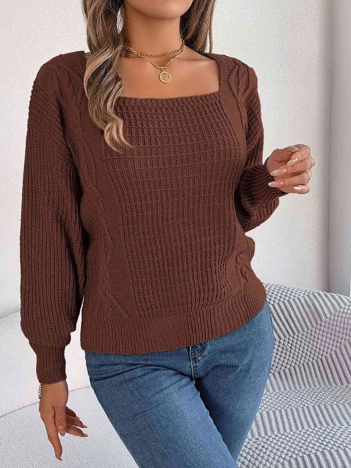 Square Neck Mixed Knit Sweater