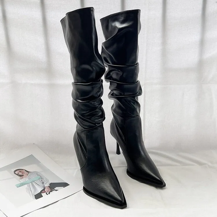 Stylish Leather Knee-High Boots for Women,  Spring Fall Winter Black Slouch Heel Boots, Pointed Toe Slouchy Leather Stiletto Heel Boots