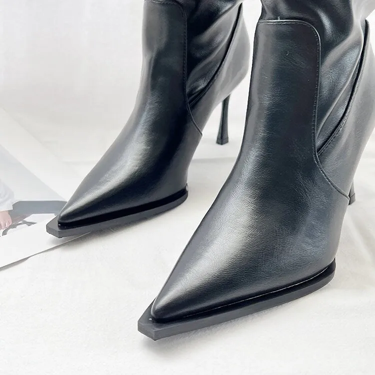 Stylish Leather Knee-High Boots for Women,  Spring Fall Winter Black Slouch Heel Boots, Pointed Toe Slouchy Leather Stiletto Heel Boots