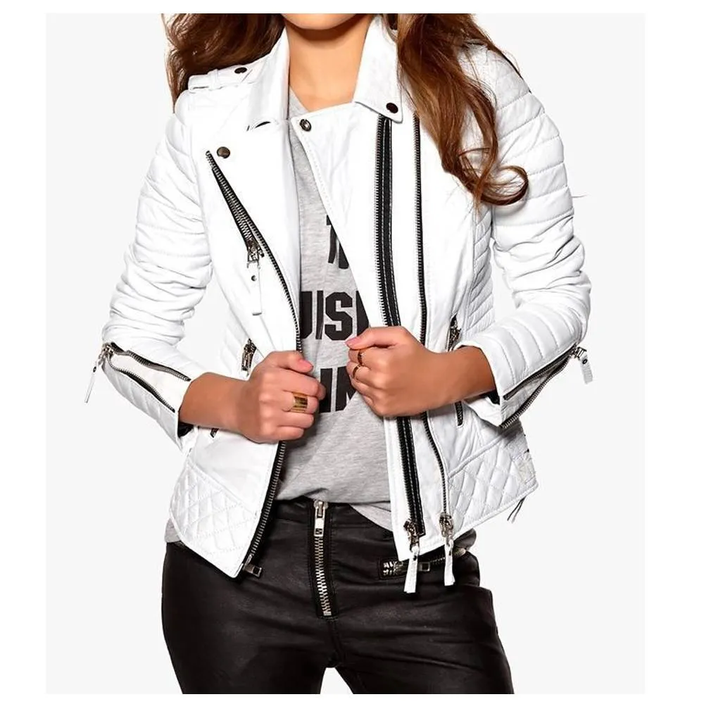 Women Soft Slim Fit Motorcycle Leather Jacket White