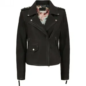 Women's Black Nubuck Biker Jacket | Stylish Outerwear with Edgy Appeal